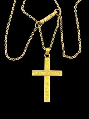Hayward 12k gold filled etched engraved cross pendant on chain necklace vintage